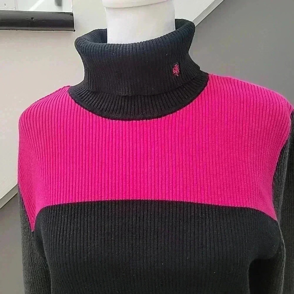 Women’s Lauren Ralph Lauren Color Block Size Large Turtleneck Sweater Comfy Fall - Picture 2 of 5